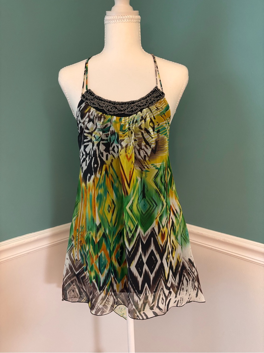 Allen B Boho Festival Halter Top Asymmetric Hem Beaded Tribal Flowy Y2K Small